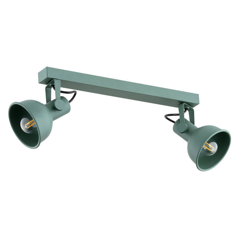 Green linear ceiling light showing E14 filament bulbs in adjustable spotlight heads.