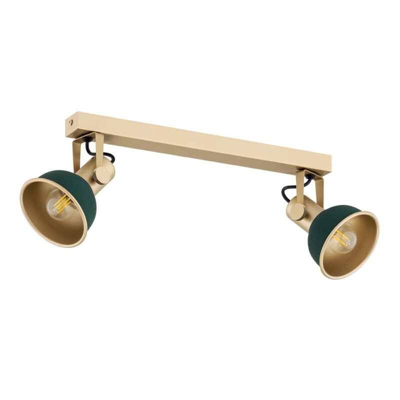 Nora 2 light ceiling spotlight side view showing linear gold frame with two adjustable green spotlight heads.