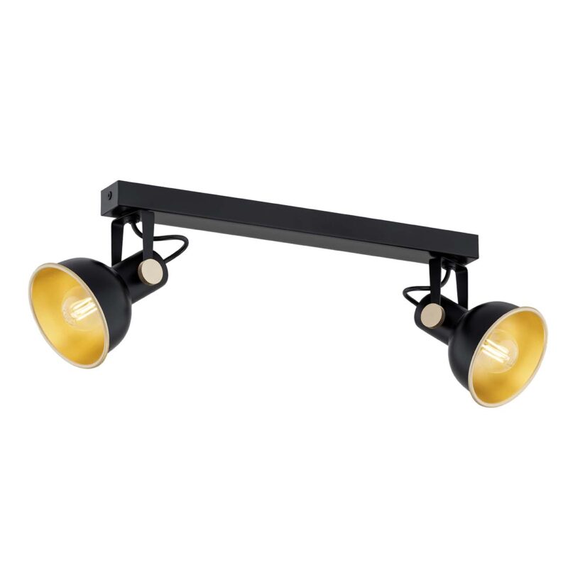 Nora black ceiling spotlight bar with two adjustable heads and gold interior finish.