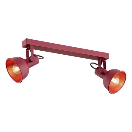Nora red ceiling light bar with two adjustable spotlight heads and LED bulbs.