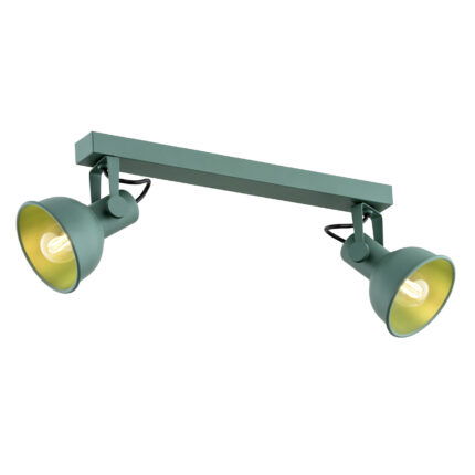 Green linear ceiling light with two adjustable spotlight heads on bar track.