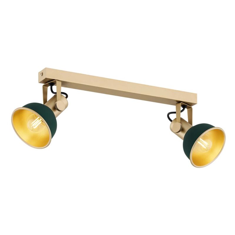 Nora 2 light ceiling spotlight with gold frame and green shades, adjustable heads, 50cm wide linear design.