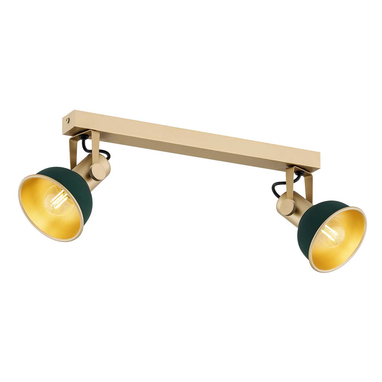 AL1A5M3R4 - Main Image - Nora 2 Light Ceiling Spotlight, Gold & Green Nora 2 light ceiling spotlight with gold frame and green shades, adjustable heads, 50cm wide linear design.