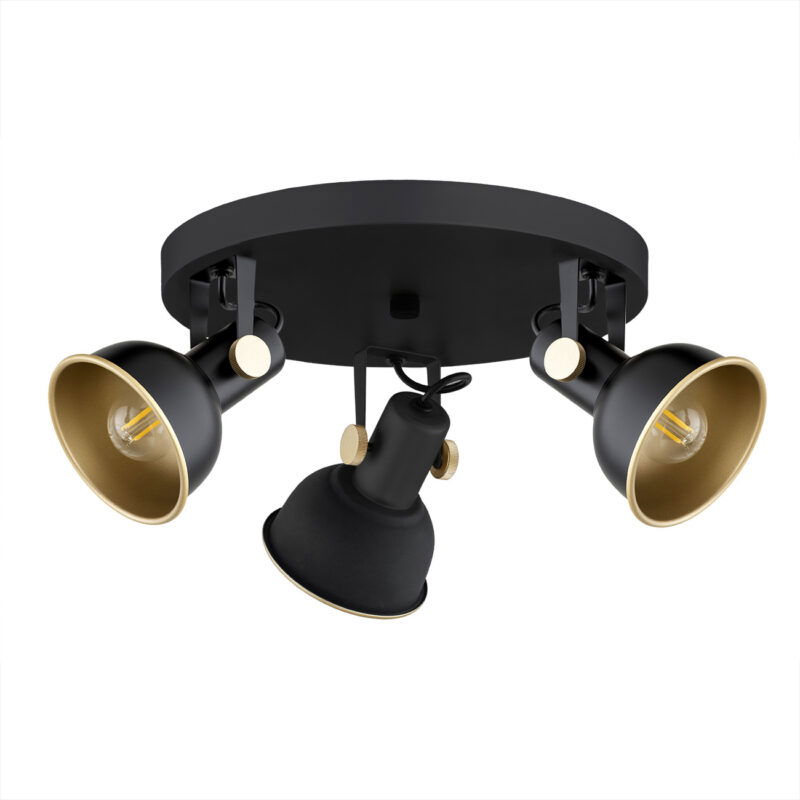 Nora round ceiling spotlight showing three LED golf ball bulbs visible inside gold reflectors.
