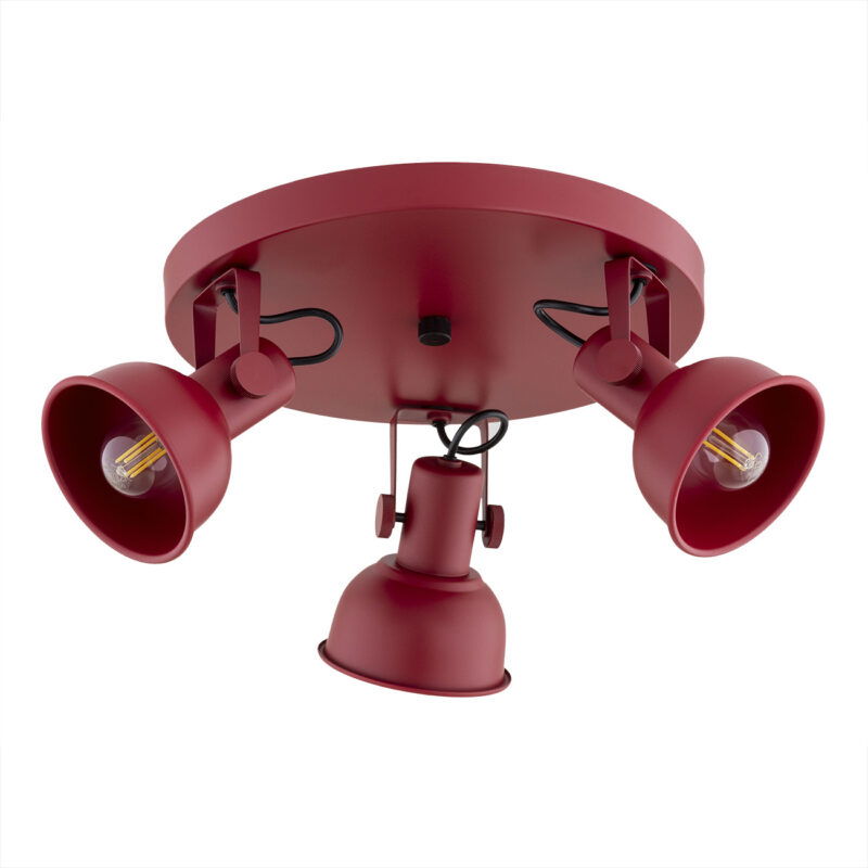 Nora round red ceiling light showing three adjustable spotlight heads without bulb illumination.