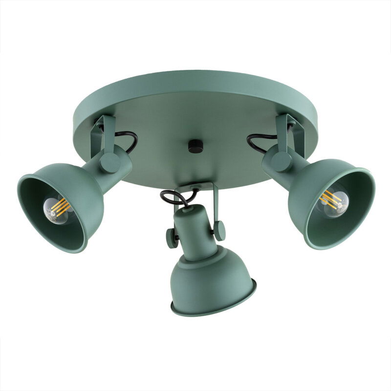 Green ceiling spotlight with E14 filament bulbs visible in adjustable heads.