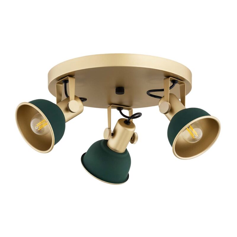 Nora ceiling spotlight showing three adjustable heads with visible LED bulbs inside gold interior.