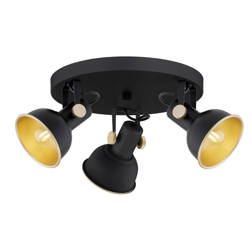 Nora round ceiling spotlight with three adjustable black heads and gold interior reflectors.