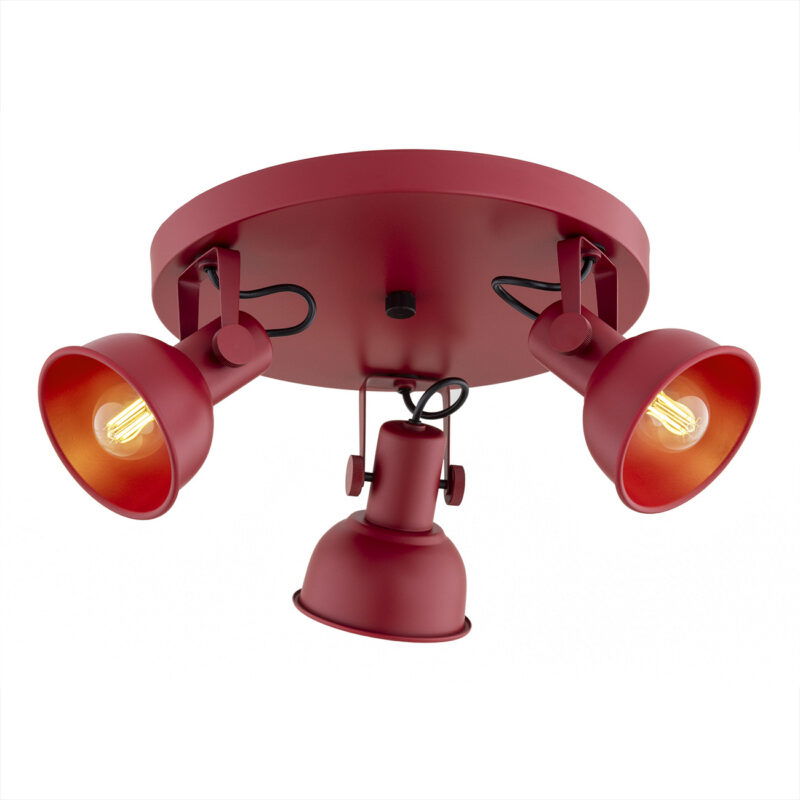 Nora round red ceiling light with three adjustable spotlight heads and LED bulbs on circular base.