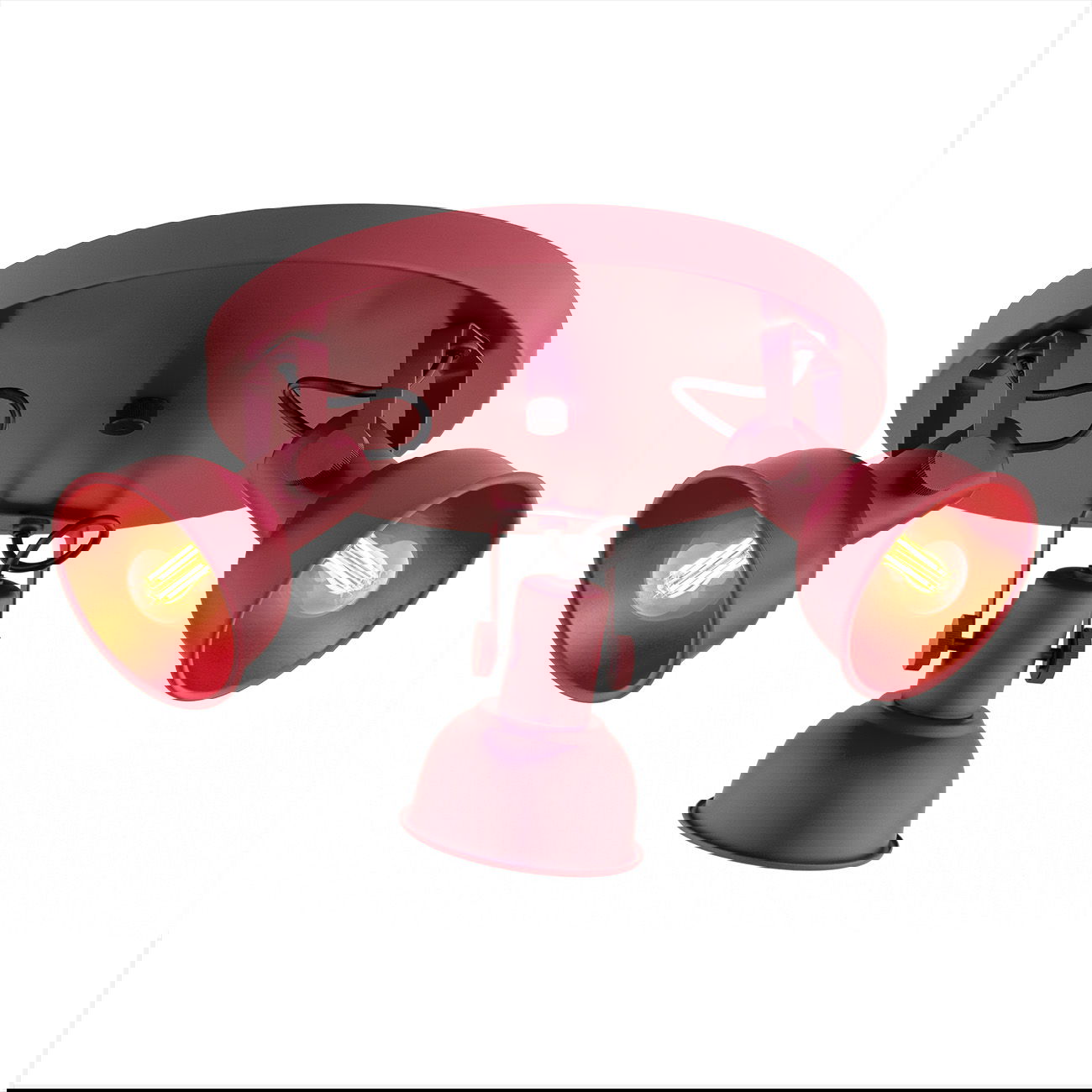 AL1Z3V2A7 - Main Image - Nora Round Red Ceiling Light Nora round red ceiling light with three adjustable spotlight heads and LED bulbs on circular base.