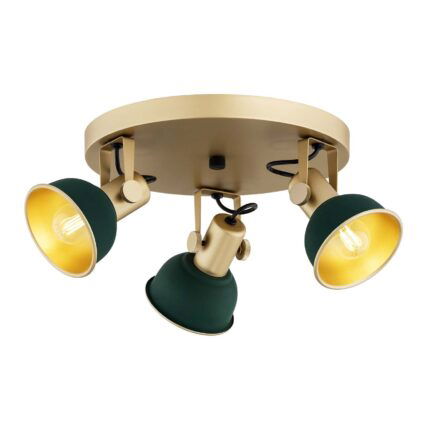 Nora round ceiling spotlight with three adjustable green and gold heads on white background.