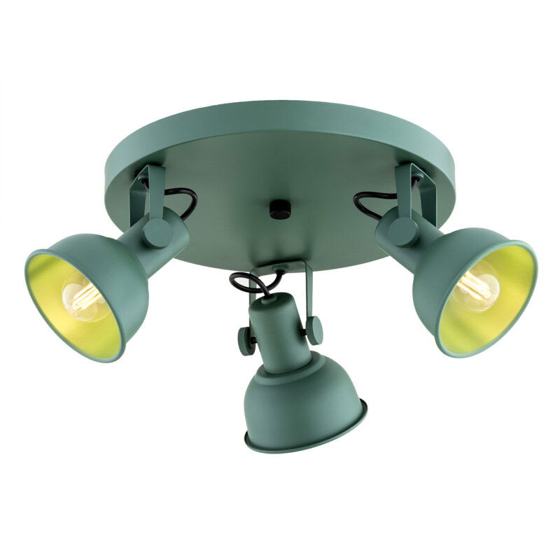 Green ceiling light with three adjustable spotlights on round base.
