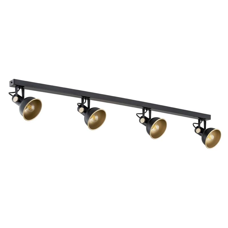 Nora spotlight bar showing adjustable heads at different angles with black exterior and gold interior.