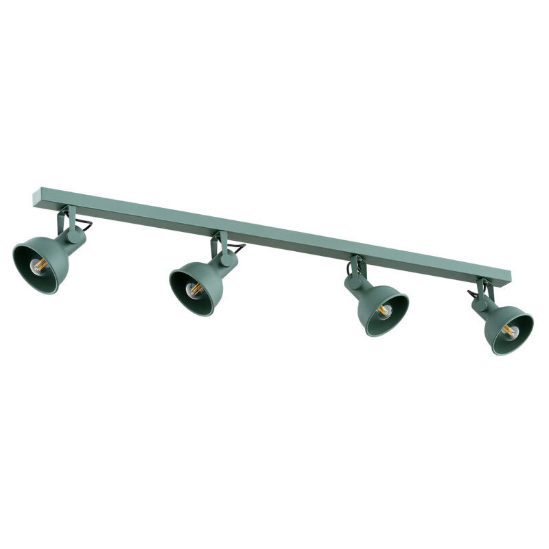 Green linear ceiling light showing E14 filament bulbs in adjustable spotlight heads.