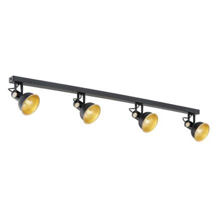 Nora ceiling spotlight bar with black steel frame and four adjustable heads with gold interior.