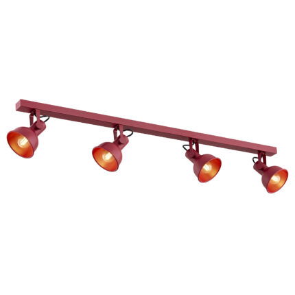 Nora red ceiling spotlight bar with four adjustable heads and illuminated LED bulbs.
