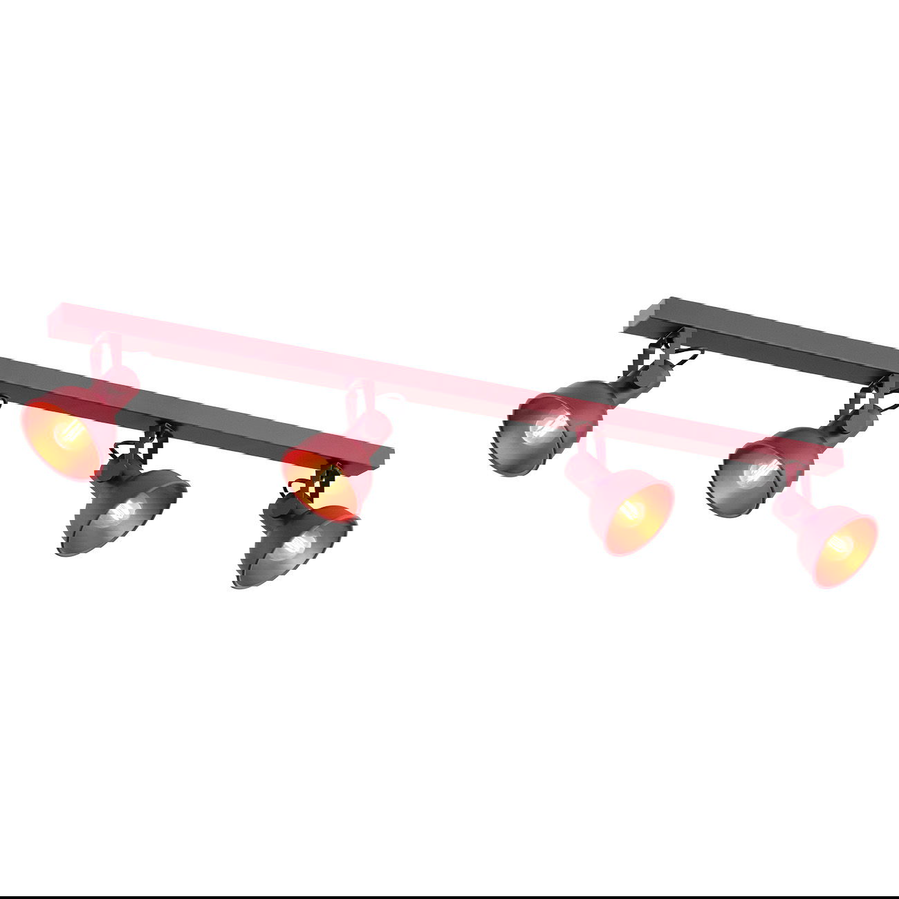 AL1A2S1R5 - Main Image - Nora Red Ceiling Light 4 Lamp Nora red ceiling spotlight bar with four adjustable heads and illuminated LED bulbs.