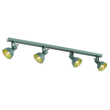Green linear ceiling light with four adjustable spotlight heads on track bar.