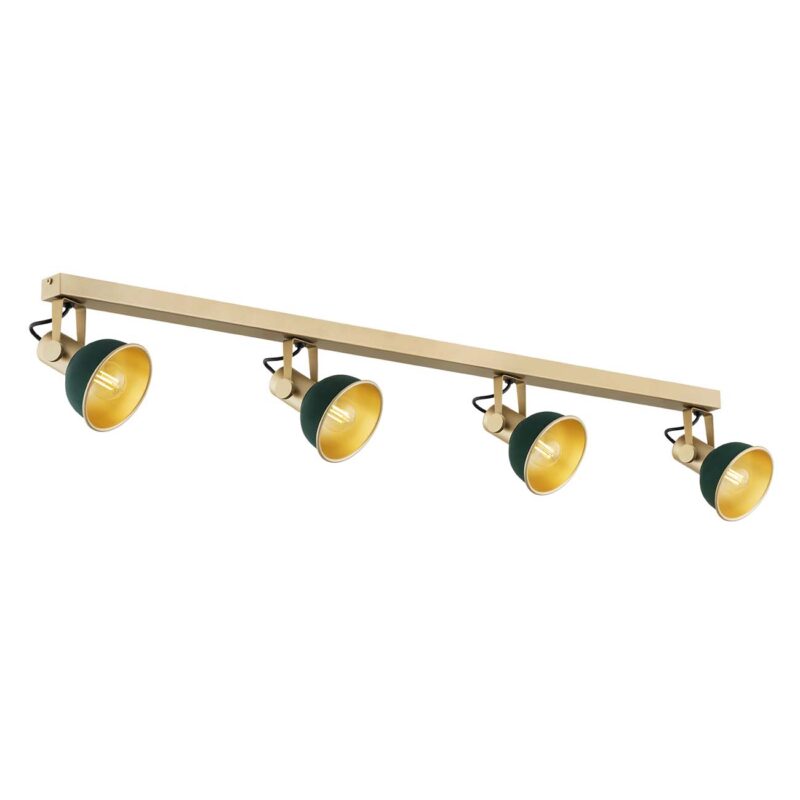 Nora linear ceiling spotlight bar with four adjustable green and gold heads on white background.