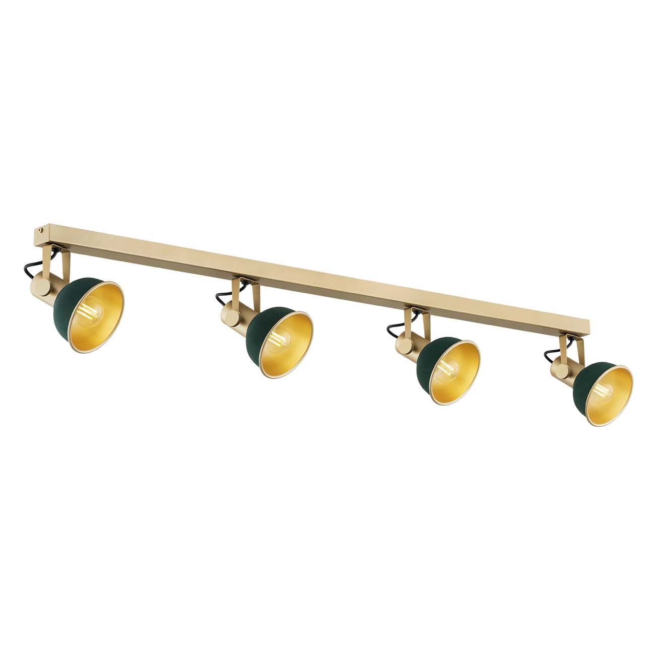 AL1H3Z4J5 - Main Image - Nora Linear Ceiling Spotlight Bar Nora linear ceiling spotlight bar with four adjustable green and gold heads on white background.