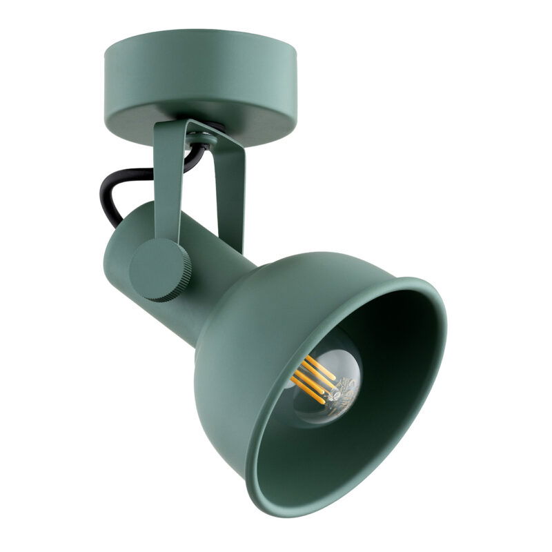 Green single spotlight showing E14 bulb placement and adjustable head detail.