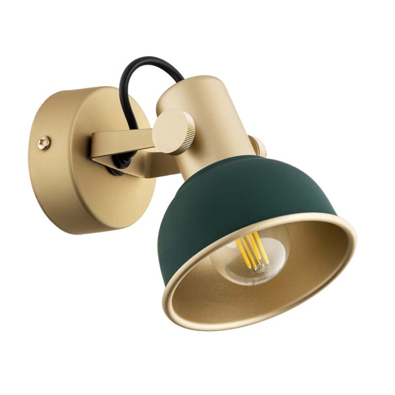 Nora single spotlight side view showing gold and green finish with adjustable head and circular base plate.