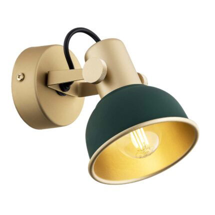 Nora single spotlight with gold and green finish mounted on ceiling with adjustable head pointing downward.