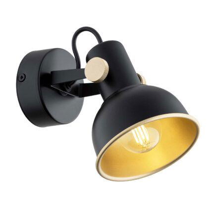 Nora wall spotlight with black exterior and gold interior showing LED bulb on white background.