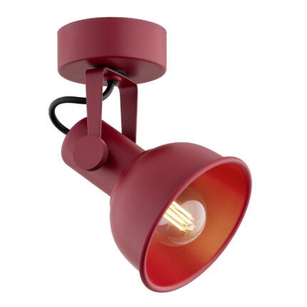Nora red single spotlight with adjustable head and LED bulb mounted on ceiling plate.