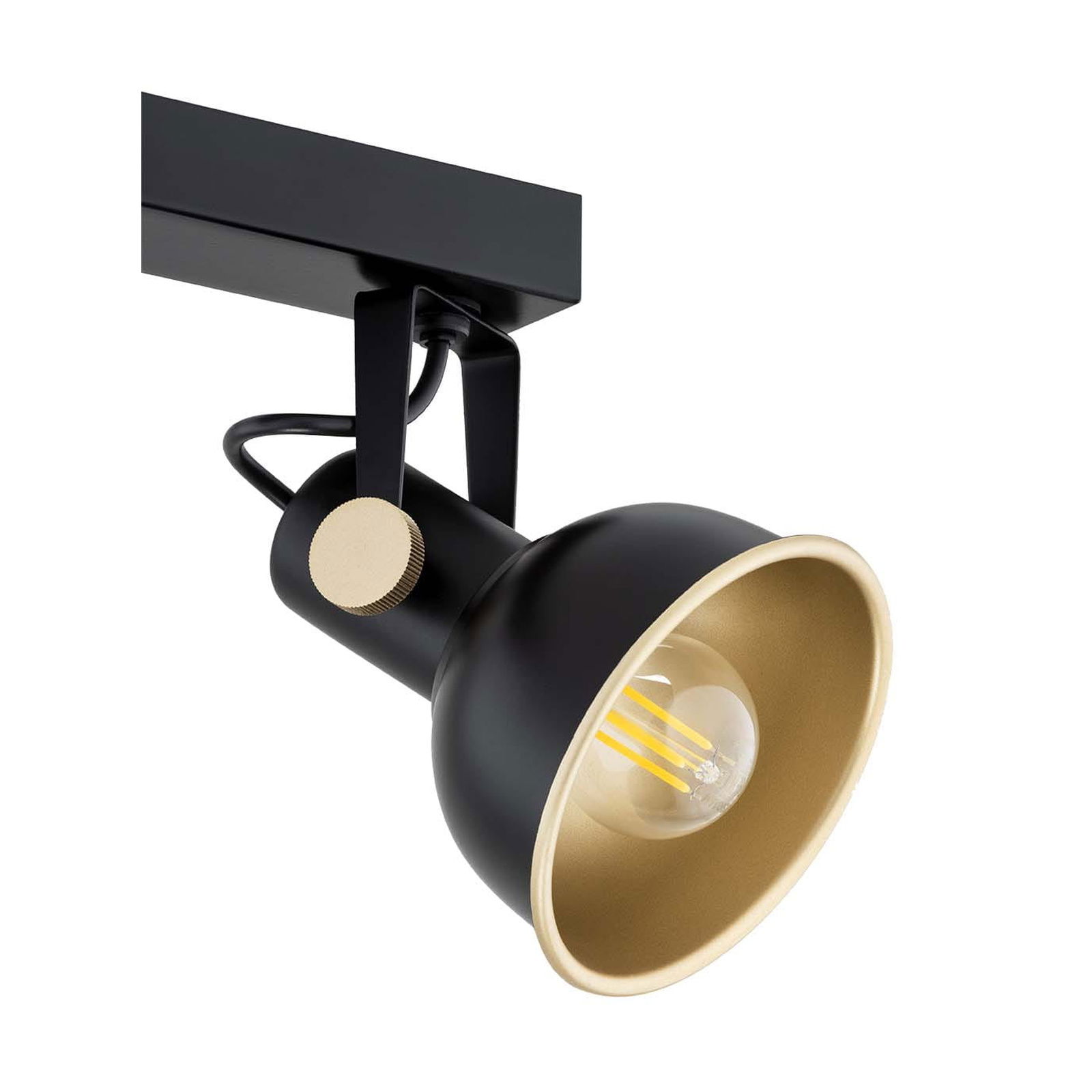 Close-up of single Nora black spotlight head showing adjustment mechanism and gold interior reflector.