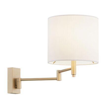 Olce wall lamp with extendable double arm and white fabric shade.