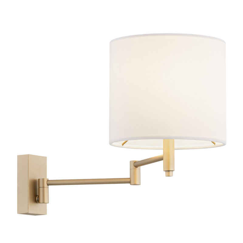 Olce wall lamp with extendable double arm and white fabric shade.