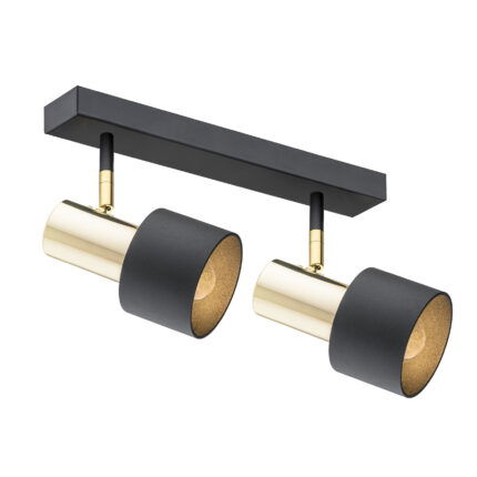 Oria 2 light ceiling spot with black linear plate and brass adjustable cylinders.