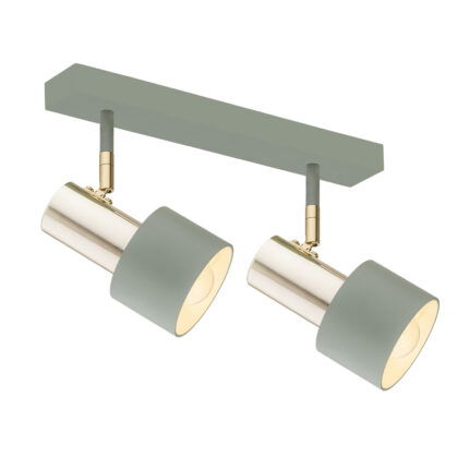 Oria 2 lamp ceiling spotlight with linear green bar mount and adjustable cylinder heads.