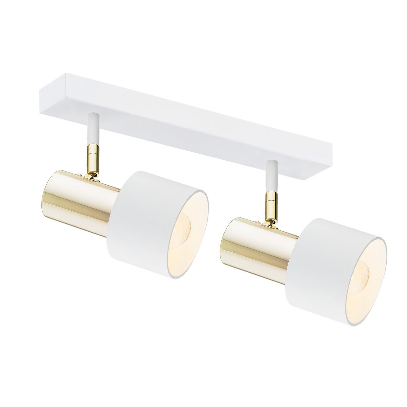 AL1C9S4I4 - Main Image - Oria 2 Light Ceiling Spot, White, Brass Oria white ceiling spotlight with two adjustable brass and white shades on linear bar.