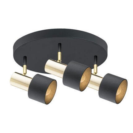 Oria 3 lamp ceiling spotlight with round black mount and adjustable brass cylinder heads.