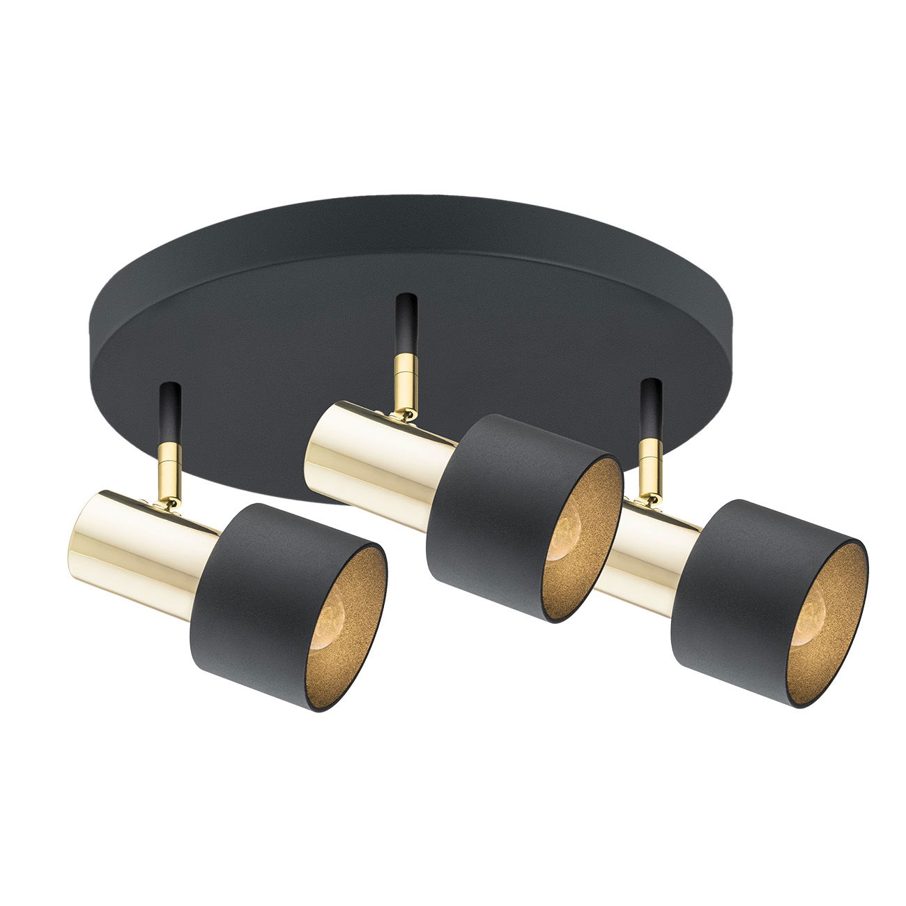 AL1D3W2N8 - Main Image - Oria 3 Lamp Ceiling Spot, Black, Brass, 47cm Oria 3 lamp ceiling spotlight with round black mount and adjustable brass cylinder heads.