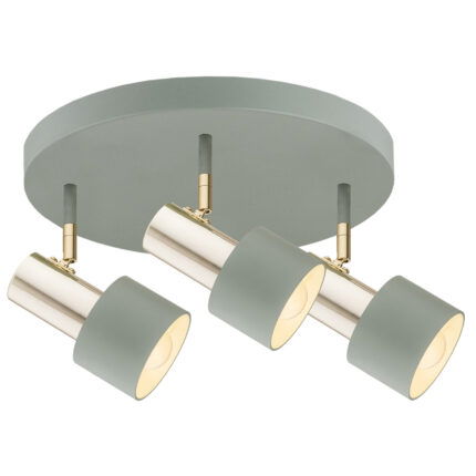 Oria round ceiling spot light with three siege spotlights and brass accents.
