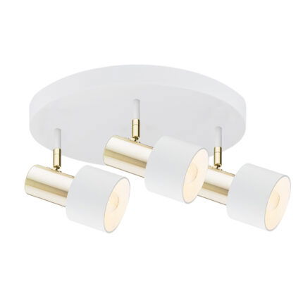 Oria round ceiling spot with three brass cylindrical lights on white plate.