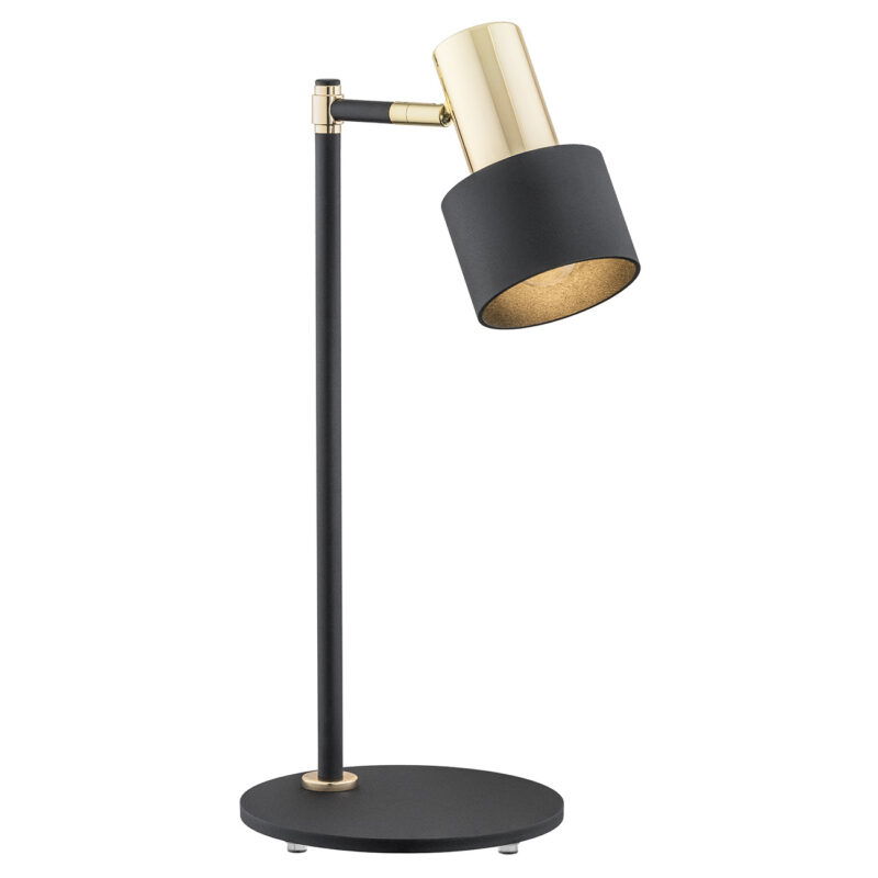 Oria table lamp with black steel pole brass arm and adjustable black shade.