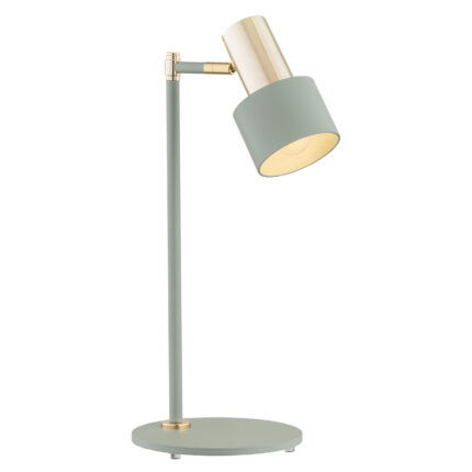 Oria siege table lamp with green cylinder shade and adjustable brass arm mechanism.