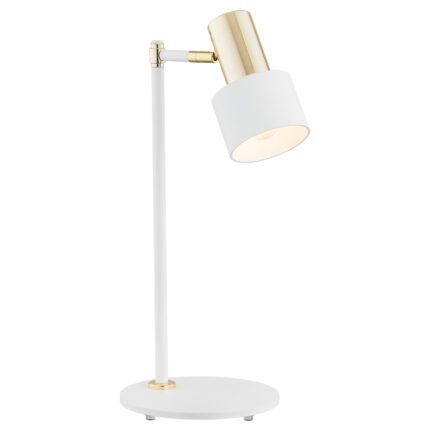 Oria white table lamp with brass arm and adjustable cylindrical shade.
