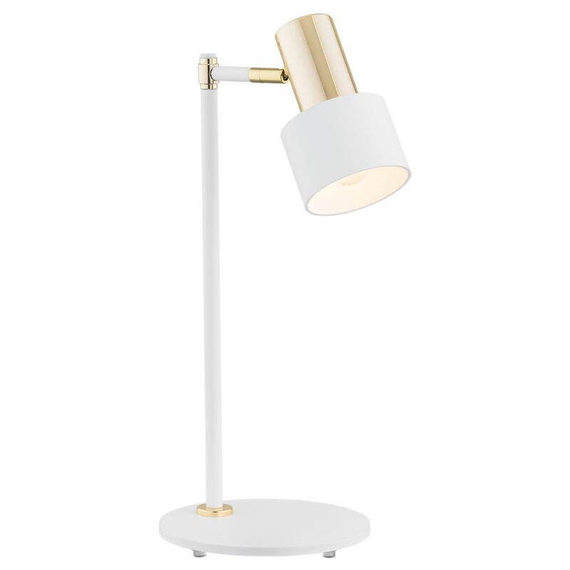 Oria white table lamp with brass arm and adjustable cylindrical shade.