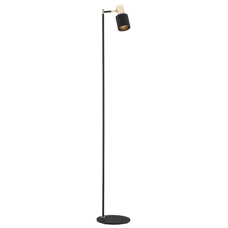 Oria floor lamp with black pole brass arm and adjustable cylindrical shade.
