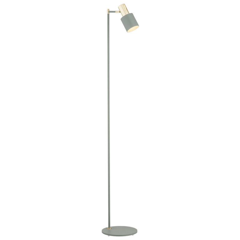 Oria siege floor lamp with adjustable green cylinder shade and brass arm on tall pole.