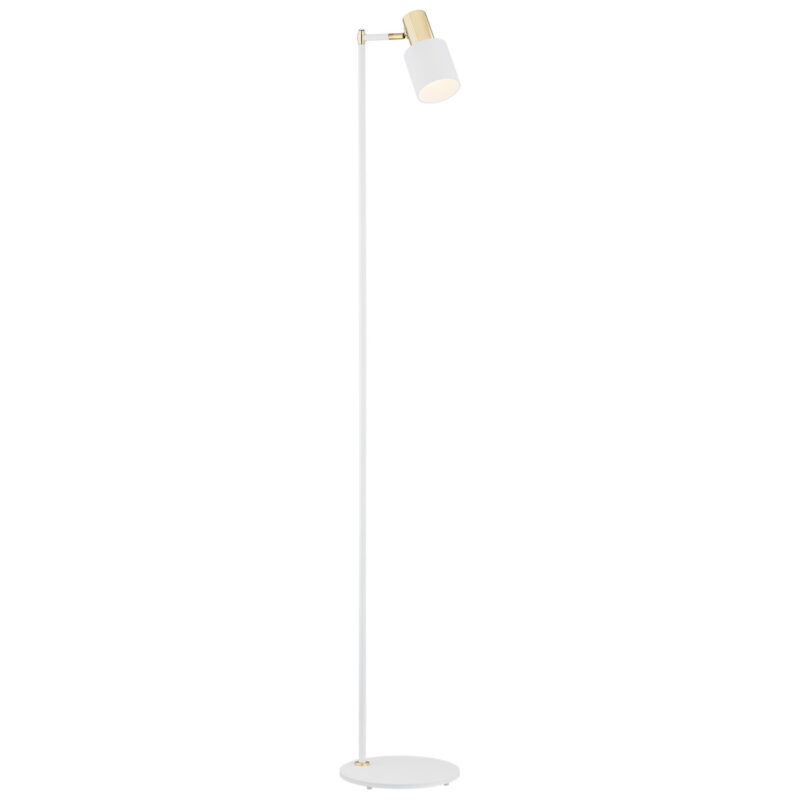 Oria white floor lamp with brass arm and adjustable cylindrical shade.