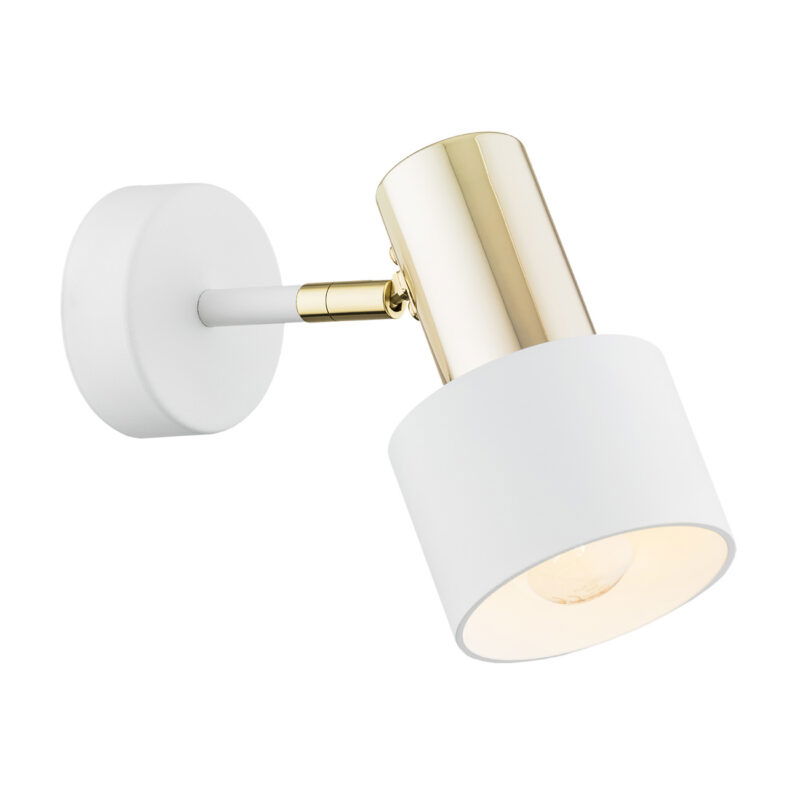 Oria white wall spotlight with adjustable brass arm and cylindrical shade.