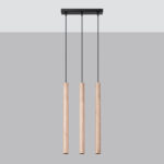 Vaslow 3 Light Bar Pendant Lamp, Wood Tubes, Black Metal, 45cm Length