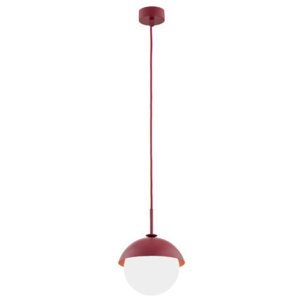 Red Pello pendant lamp with dome shade and white opal glass sphere.