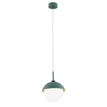 Green Pello pendant lamp with dome shade and white opal glass sphere.